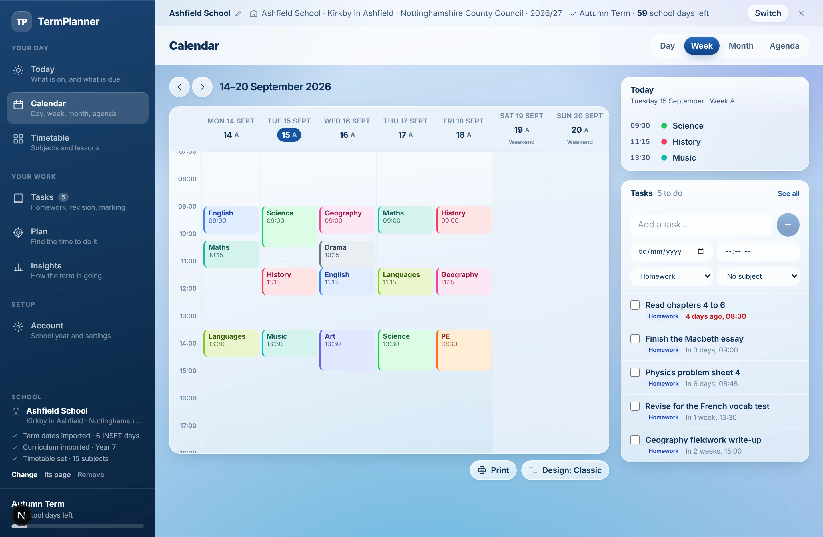 The week view of the calendar with lessons on each school day and an INSET day left blank.